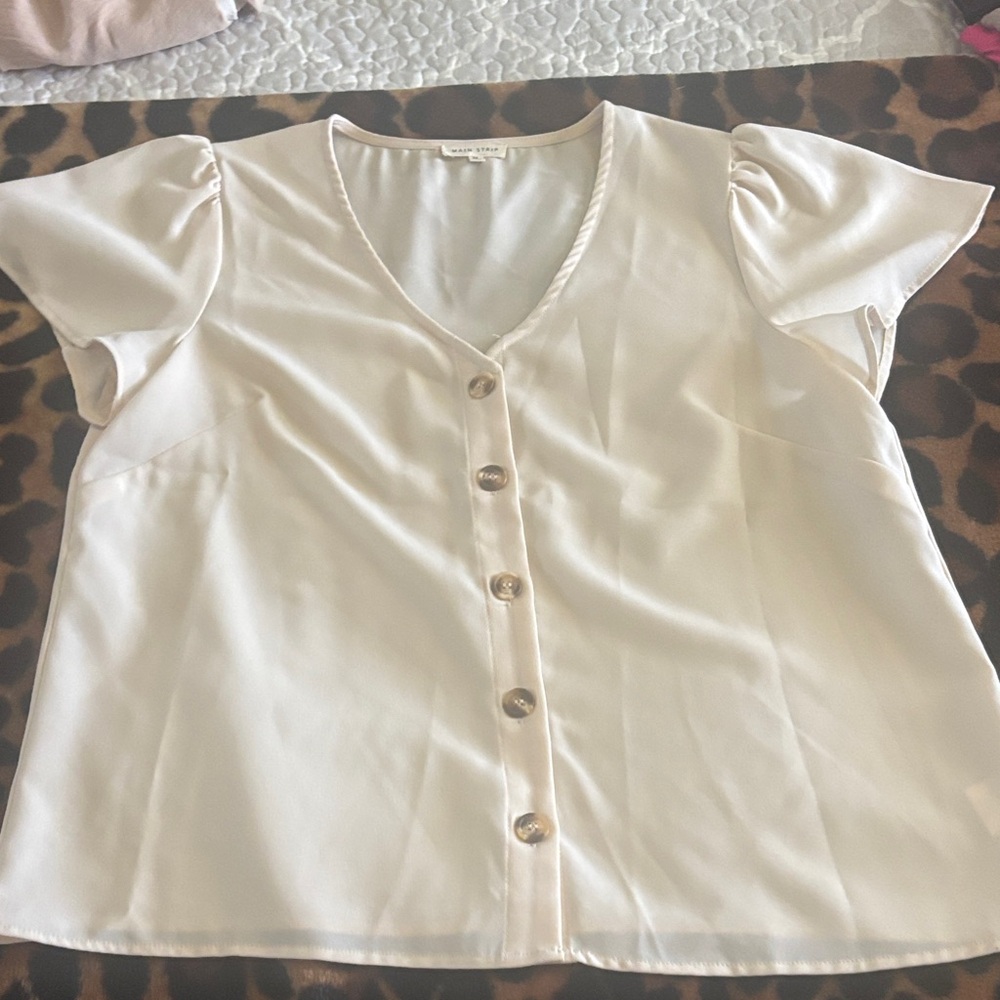 Main Strip Cream Button-Up Blouse with Puff Sleeves